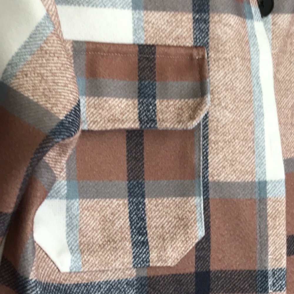 Women's Plaid Shacket Shirt Jacket Tan Cream Button Front Overshirt Lightweight - Picture 5 of 15